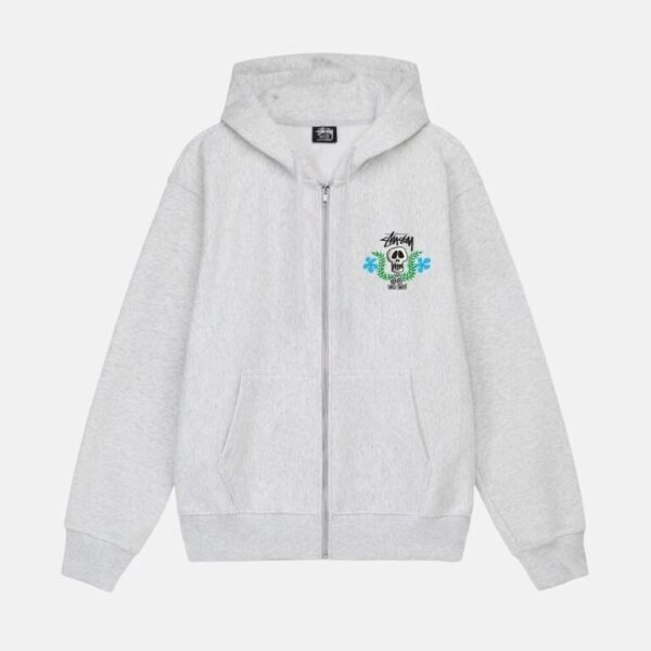 Stussy Skull Crest Zip Hoodie Grey